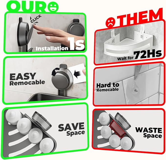 Shower Caddy Corner,Suction Cup Shower Caddy with Hooks,No Drilling Rustproof Aluminum Bathroom Organizers and Storage,Shelves for Bathroom Accessories Decor (3)