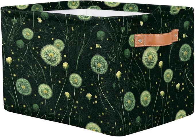 Rectangular Storage Baskets Dark Green Glow Dandelion Print Fabric Storage Bin Toy Organizer Box with PU Leather Handles for Room Decor