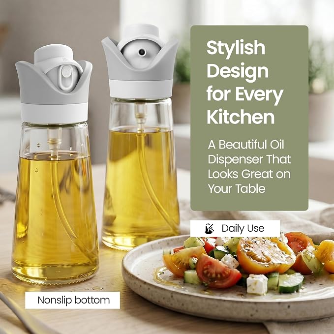 Olive Oil Dispenser for Kitchen 2-in-1 Pour and Spray | 7.7 oz / 230 ml | Glass Olive Oil Sprayer for Cooking, Airfryer, Salad & BBQ | Set of 2 Bottles, White