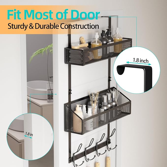 2-Tier Over Door Hook & Basket Organizer 12 Hooks + 2 Mesh Baskets for Bathroom Towels, Kitchen Pantry & Bedroom Storage, No-Drill Hanging Rack, Black