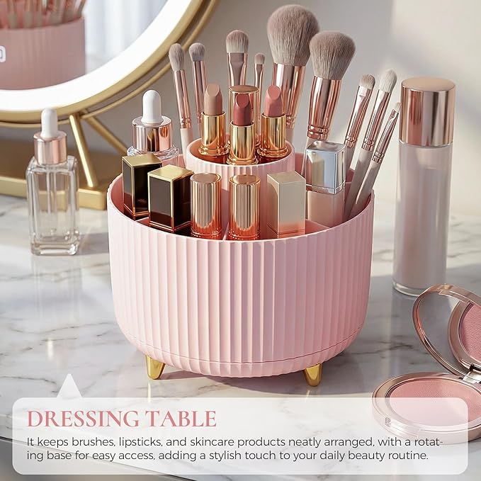 KONVINIT Pencil Pen Holder for Desk, 5 Slots 360 - Degree Rotating Desktop Organizer, Cute Desk Organizers and Accessories for School, Home, Office and Art Supply, Pink