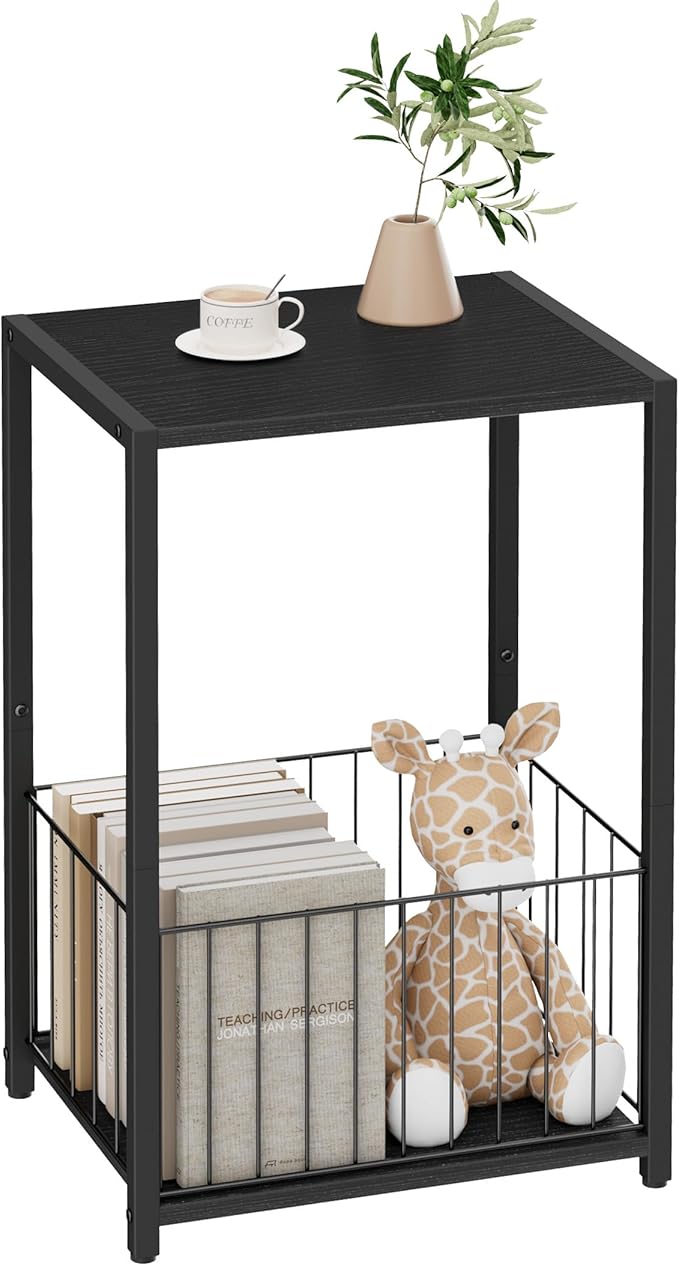Homleke Side Table with Magazine Holder, Record Player Stand with LP Shelf | LP Storage, Magazine Holder, Easy Assembly, Living Room, Bedroom, Bedside, 11" D x 16.9" W x 23.6" H, Black