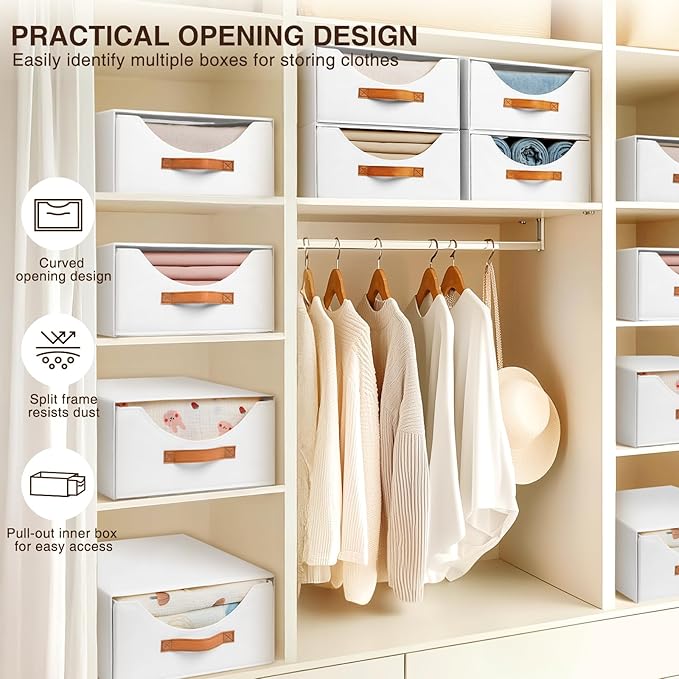 Homsorout Stackable Storage Drawers - Large Collapsible Storage Bins with Drawers, 8 Pack Closet Shelf Organizer Basket, Fabric Pull Out Organizer for Bedroom, Living Room, Dorm, White