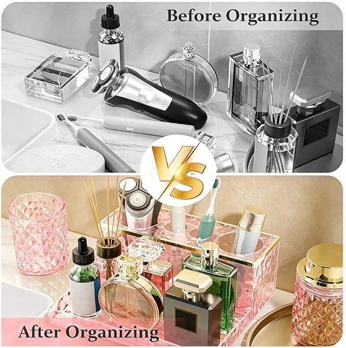 Glass Bathroom Accessories Set 5Pcs Crystal - Foaming Soap Dispenser, Soap Dish, Cup, Acrylic Toothbrush Holder with Tray Organizer, Qtip Jar, Bathroom Counter Set Sink Decor (Pink)