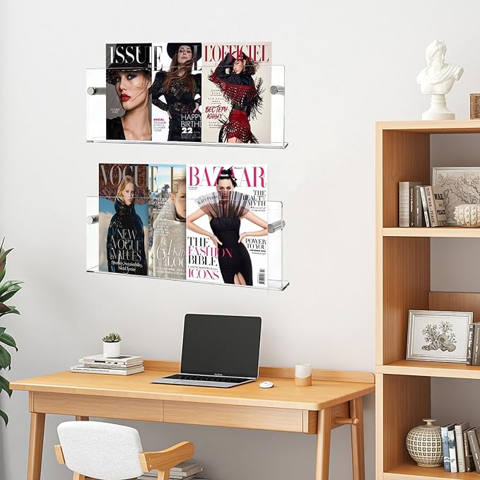 2-Pack Clear Acrylic Magazine Holder Brochure Holder,17 Inch Hanging Magazine Rack with Hardware, Floating Bookshelf Brochure Display Organizer for Home, Office, Reception Area