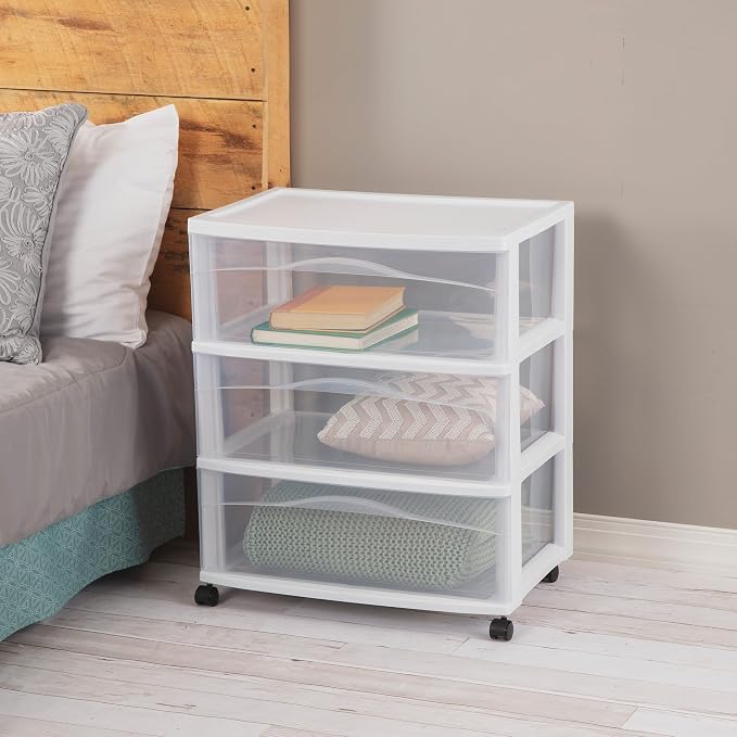 Sterilite 3 Pack Wide 3 Drawer Storage Cart, Plastic Organizer with Wheels, White - Multipurpose Bin for Clothes, Accessories, or Home Accessories
