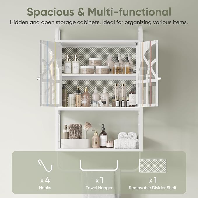 Metal Bathroom Arched Wall Cabinet, Hanging Over Toilet Medicine Storage | Small Modern Wall-Mounted Medicine Storage Cabinet with 2 Doors, Removable Shelf, Towel Bar, 9 x 16.8 x 28.7 Inches, white