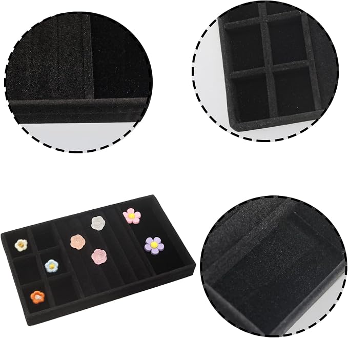 Velvet Jewelry Organizer Trays Black Stackable Jewelry Storage Display Tray with Removable Dividers, 3-in-1