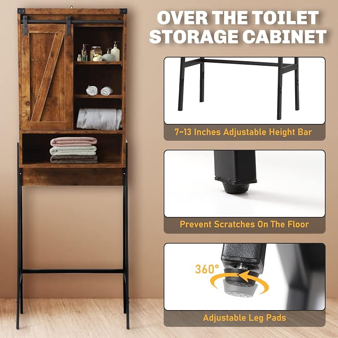 Over Toilet Storage Cabinet with Barn Door & Adjustable Shelves | 24 Inch Wide Bathroom Organizer, Space-Saving, Sturdy Wood, Anti-Tipping, Easy Assembly, for Restroom, Laundry, Small Spaces