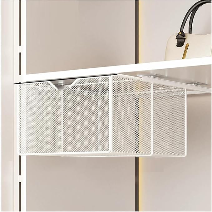 Pull Out Cabinet Storage Basket,Wardrobe Storage Organiser,Storage Under Shelf,No Punching Required,with 4 Hooks,for Kitchen Office Wardrobes Cupboard Storage(White,33x29x17cm)