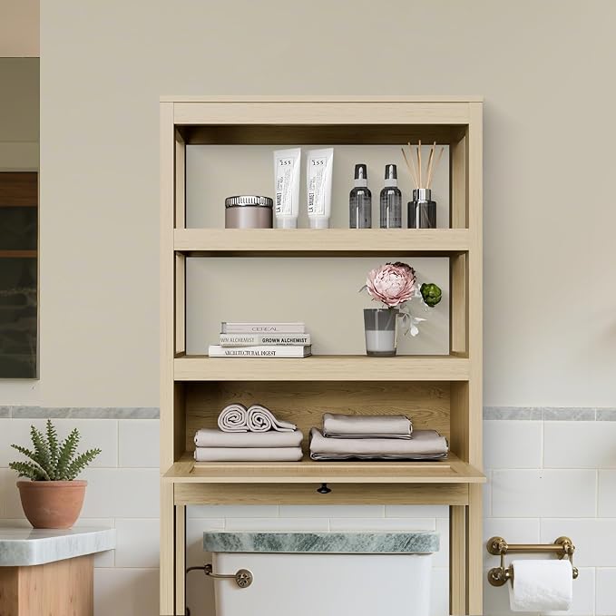 Over Toilet Storage Cabinet with Barn Door & Adjustable Shelves | 24 Inch Wide Bathroom Organizer, Space-Saving, Sturdy Wood, Anti-Tipping, Easy Assembly, for Restroom, Laundry, Small Spaces