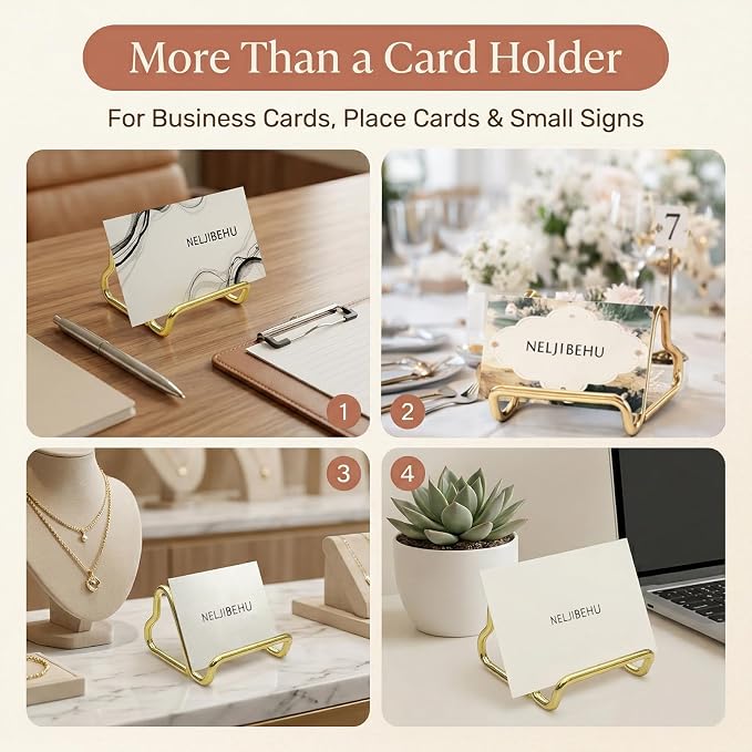 2 Pcs Cute Gold Metal Heart Business Card Holder for Desk | Metal Heart Business Card Display Stand, Pretty Desk Organizer and Cute Desk Accessories for Office Desktop