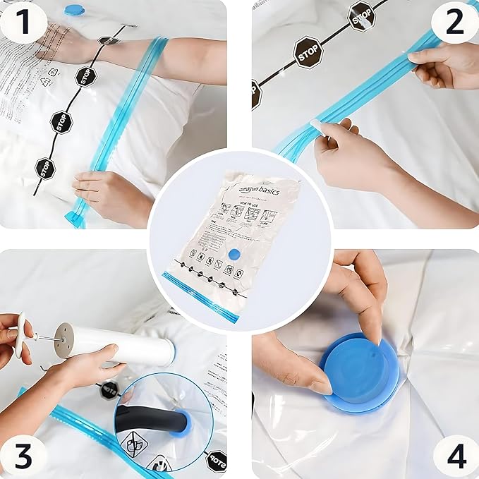 Amazon Basics Vacuum Storage Bags with Hand Pump for Travel, Space Saving Compression Bags for Clothes and Blankets, Clear, 12 Pack (3 Small, 3 Medium, 3 Large & 3 Jumbo)