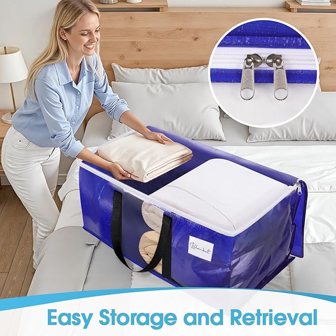 BlissTotes 4 Pack Moving Bags with Clear Window, Storage Bags with Strong Carrying Handles & Zippers,Large Packing Bags for Saving Space, Alternative to Moving Boxes(Blue,24 Gallon)