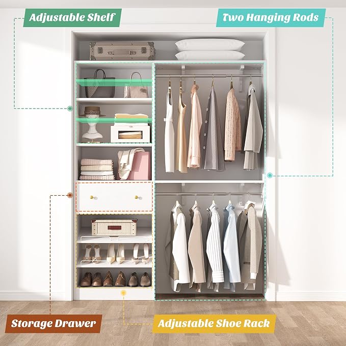 Closet System with Drawer - Reversible 5FT Wood Closet Organizer System with 2 Hanging Rods and Adjustable Shelf, Walk In Closet Organizers with Shoe Rack, Built-In Garment Rack Clothes Rack, White