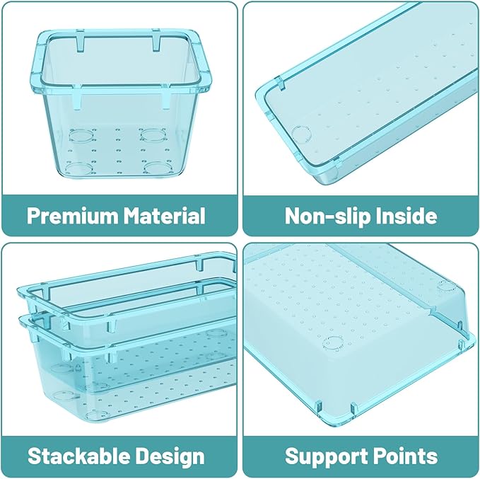 WOWBOX 8 PCS Plastic Drawer Organizer Set, 4 Sizes Desk Drawer Organization and Storage Containers for Makeup, Cosmetics, Jewelry and Gadgets in Kitchen, Bathroom, Bedroom, Office, Clear Sea Blue