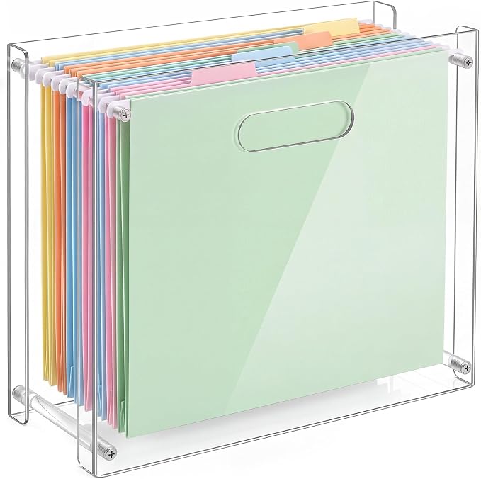 SiliFine Clear Acrylic Hanging File Organizer Box with Handles, 13.6 x 10.4 x 5.1 Inches Narrow Desktop Document Holder for Letter A4 Size, Paper Storage Rack for Desk Office Home