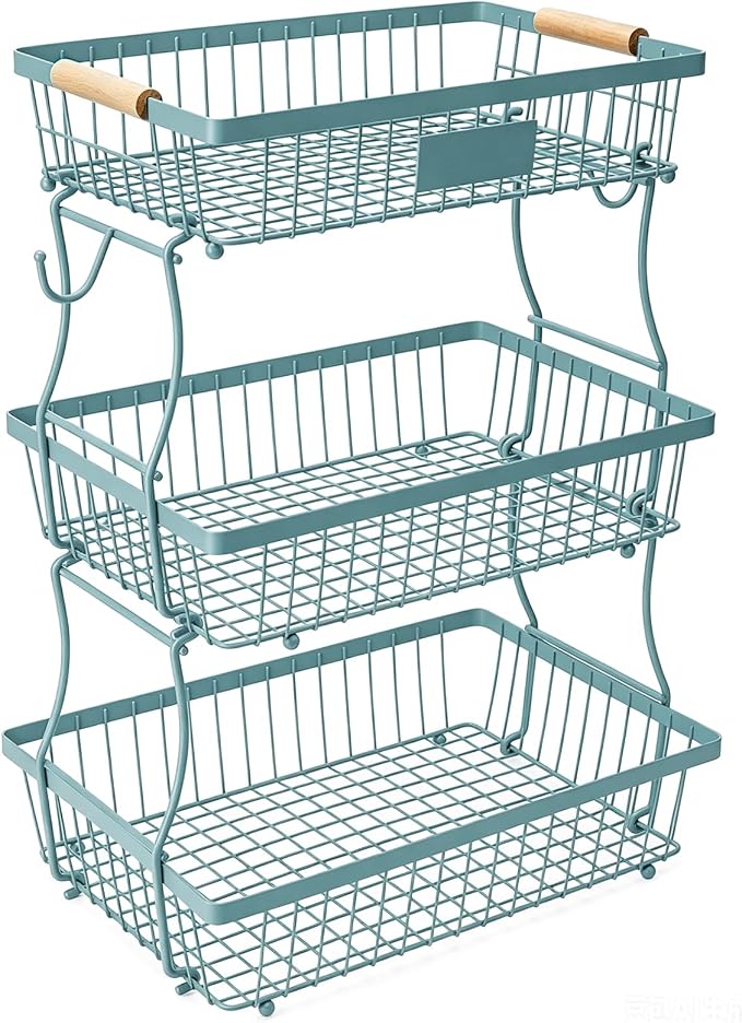 3 Tier Fruit Basket with 2 Banana Hangers, Mesh Basket Fruits Stand Produce Holder Organizer for Onion Potato Bread Snack Veggie Blue