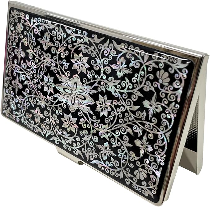 Mother of Pearl Business Card Case Credit Id Name Holder Travel Wallet Art Painting Design Metal Stainless Steel Engraved Slim Purse Pocket Cash Money Wallet (Arabesque)