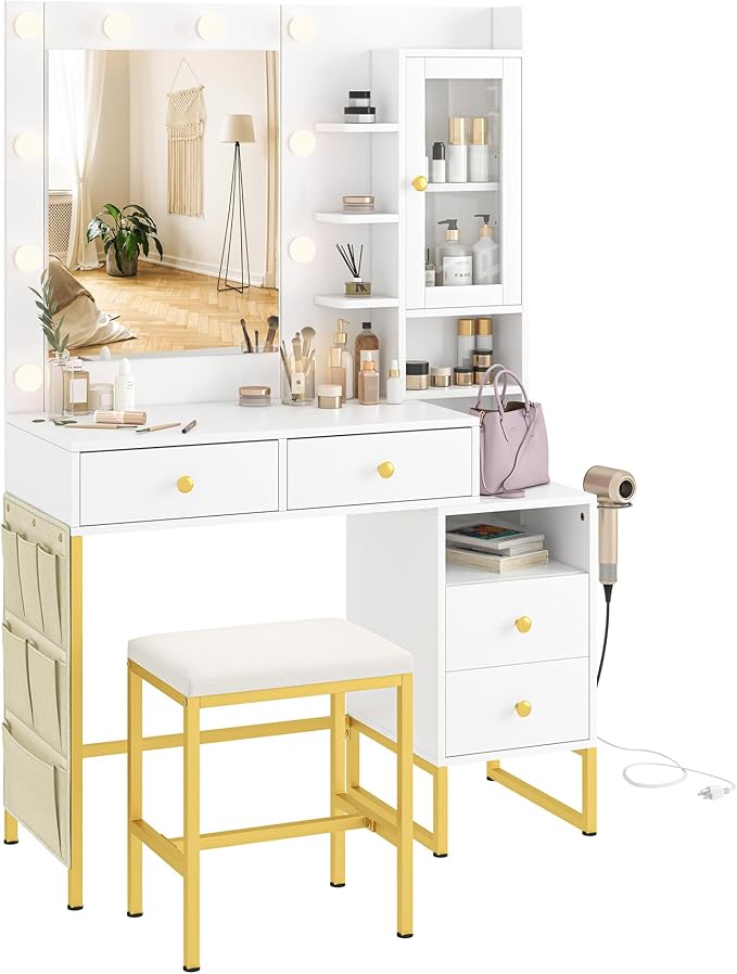 YIKEHOME 42'' Makeup Vanity Desk Set with Mirror, Vanity Table 3-Colour Lights with 5 Drawers & Shelves for Bedroom Dressing Room White (Bright White & Gold)