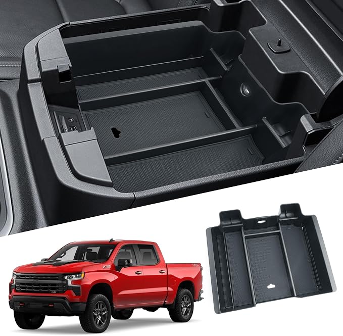 Silverado Sierra Center Console Organizer - Compatible with 2020-2022 Chevy Silverado/GMC Sierra 2500HD 3500HD Armrest - (Full Console w/Bucket Seats ONLY) - Black