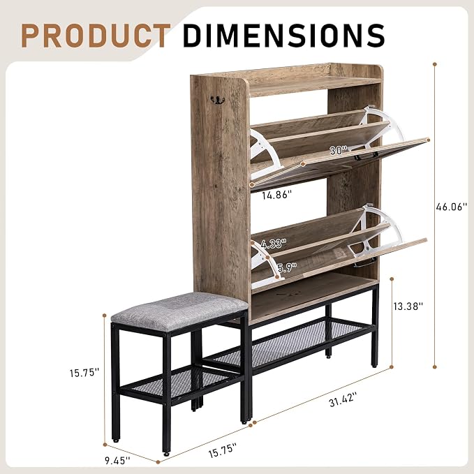 Karl home Grey Farmhouse Shoe Cabinet, Cushioned Entryway Bench Organizer | Space-Saving Freestanding Shoe Rack Organizer, Versatile Storage Furniture Suitable for Entryway and Living Room