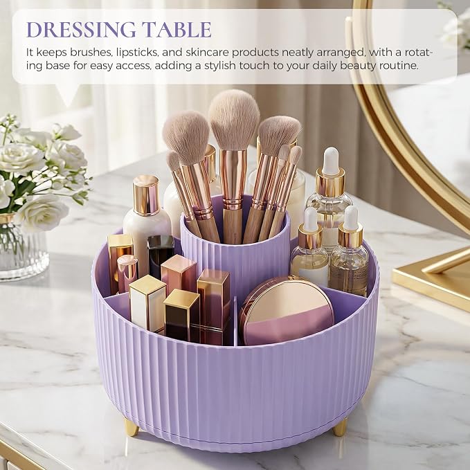 KONVINIT Pencil Pen Holder for Desk, 5 Slots 360-Degree Rotating Desktop Organizer, Cute Desk Organizers and Accessories for School, Home, Office and Art Supply, Purple