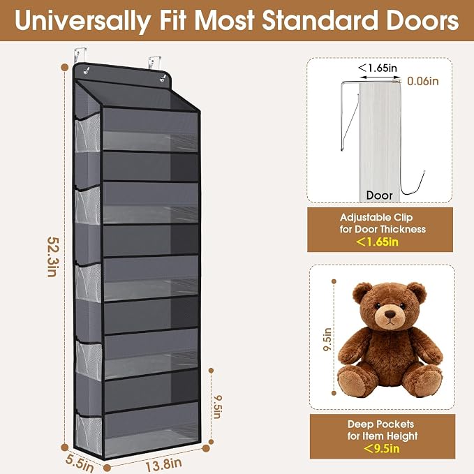 WISELIFE Over the Door Organizer Storage with 5 Large Pockets and Clear Windows, Hanging Organizer for Nursery Bedroom Bathroom Pantry Closet and Baby Essentials, Dark Grey