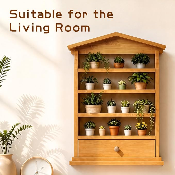 Natural Wood Spice Rack Wall Mount – 4-Tier Wooden Kitchen Organizer with Drawer, Holds 24 Small Spice Jars, Decorative Wall Display Shelf