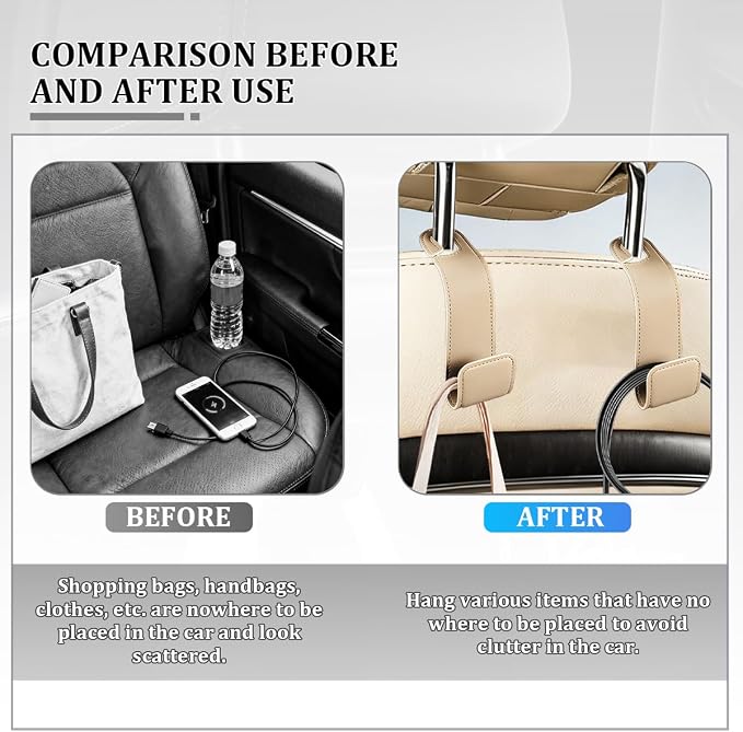 Osilly 2PCS Car Seat Headrest Hook, Leather Stylish Vehicle Backseat Hanger Organizer for Purse Handbag Umbrella, Automotive Seat Back Hanging Storage Holder Hook, Universal for Vehicles (Beige)