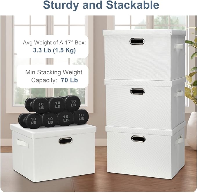 Graciadeco Large 17" 36 Quart Collapsible Stackable Storage Bins with Lids, 3 Packs White Linen Fabric Closet Boxes with Lids, Storage Cube Baskets Container Organizers for Bedroom Office(17 x12 x11)