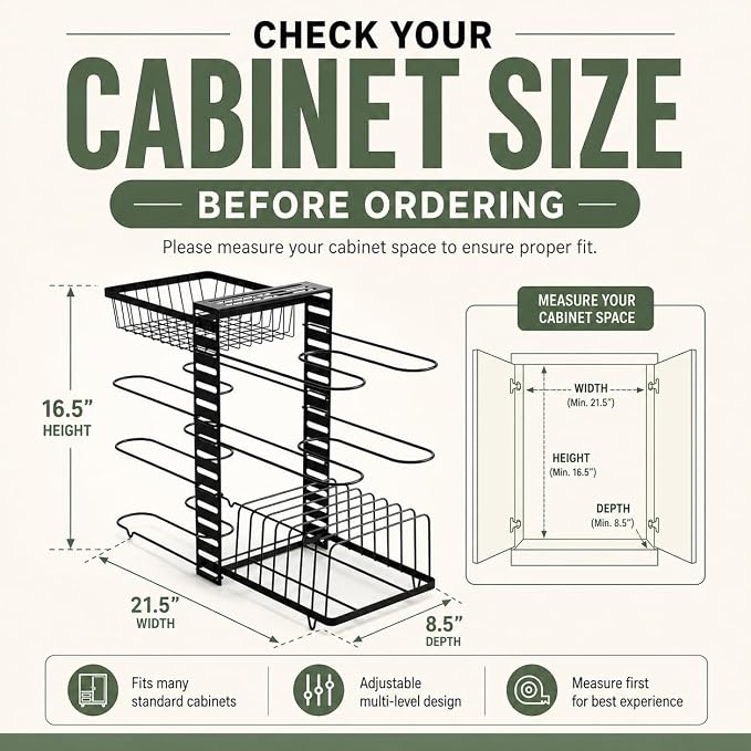 7-Tier Pots and Pans Organizer Under Cabinet - Cooking Pot Lid Organizer for Cabinet with Basket for Utensils, Lid Rack - Adjustable Vertical Holder Cookware Storage, Steel Pot Rack for Kitchen