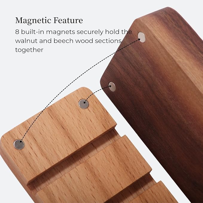 Magnetic Cord Holder with 6 Slots - Walnut & Beech Wood Cable Organizer for Lightning, USB, USB-C, Stick-on Design for Desk, Under Desk, Nightstand