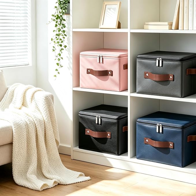 2PCS Storage Bins with Zipper Lid PU leather Storage Boxes Leather Fabric Collapsible Lidded Baskets Cube with Handle Decorative Shelves Closet Office Organizer Container(Black, Large Size)