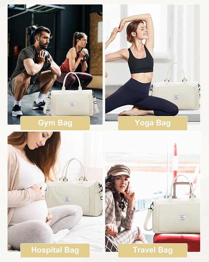 Gym Bag for Women Men Duffle Bags for Travel with Shoe Compartment Shoulder Weekender Overnight Carry on Tote Bags for Airplane Beach Bag Workout Yoga Sport Swimming Cream White