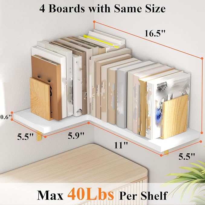 Love-KANKEI Corner Wall Shelf Set of 4,Solid Wood/Bracket,16.5"x 11",White | Easy to Install,Floating Wall Shelves,40 Lbs/shelf,For Bedroom Living Room Bathroom Kitchen Office,Storage Display,Wall Decor
