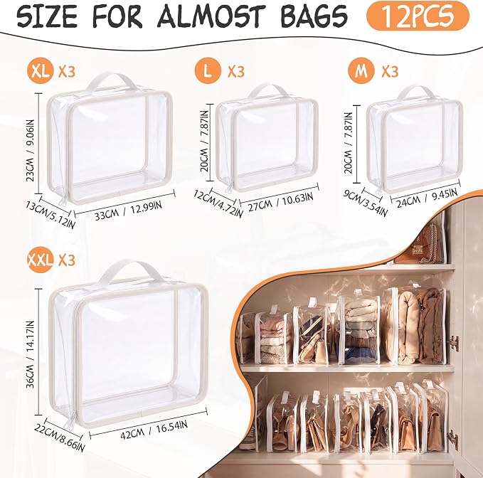 Hsei 12 Pcs Clear Dust Bags For Handbags 4 Sizes Fits Mini Wallet Oversized Tote Bags PVC Waterproof Purse Storage Organizer for Luxury Bag Soft Stand-Up with Zipper Handle for Closet Hanging (White)