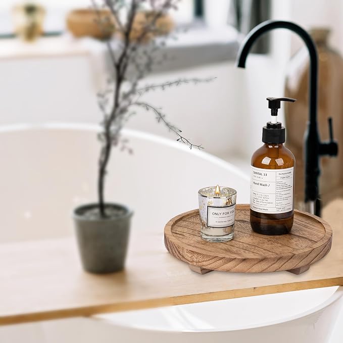 Round Decorative Tray Farmhouse Kitchen Decor Soap Dish, 9" Brown | Waterproof, Lightweight, Easy Clean, Wood Riser Pedestal Stand Accessories for Office Desk, Vanity, Counter, Sink