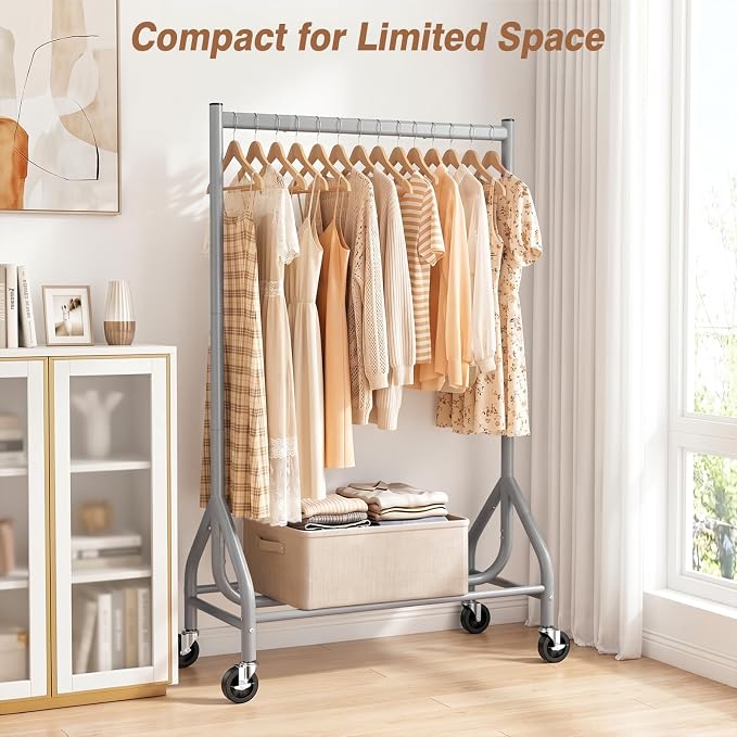 EAGMAK Heavy Duty Clothes Rack Load 268 LBS, 31.5 inch Hanging Rod, Grey | Metal Frame, Stable Base, Compact Size, Rolling Smooth, For Bedroom Closet Entryway Laundry Living Room Home Garage Storage