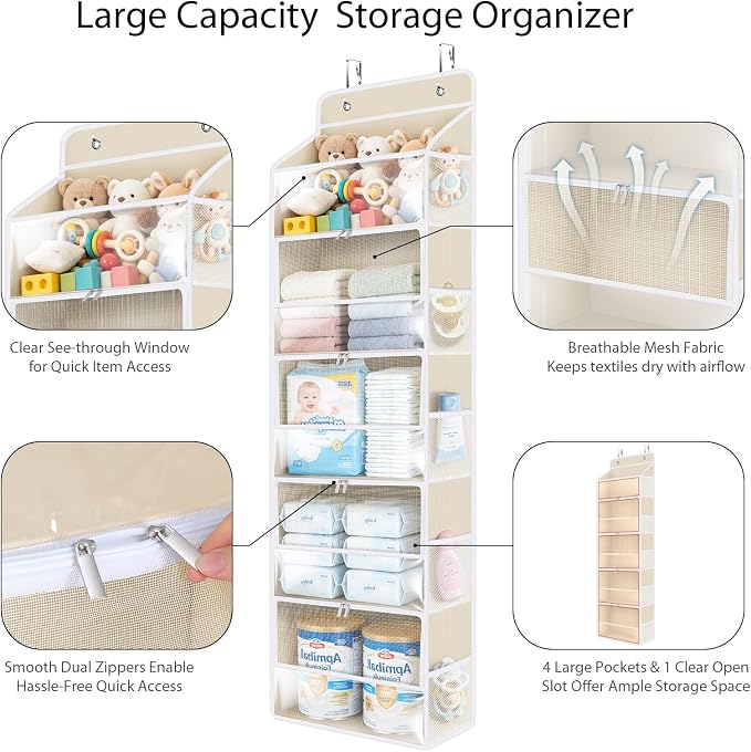 Univivi Over the Door Organizer for Baby Essential, 5-shelf, Light Beige | Fabric Baby Door Storage, Large Compartments and Mesh Side Pockets, Storage for Baby Nursery, Laundry, Bedroom and Bathroom