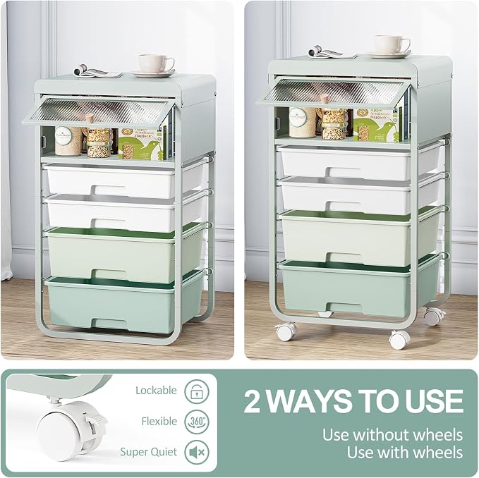 SYKIARIOL 4 Drawers Rolling Storage Drawer Craft Organizers Bookshelf Cart with Dust-Proof Door for Kids Playroom,Bedroom,Home Office, Green