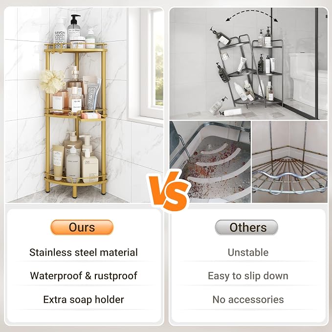 ELYKEN Corner Shower Caddy Standing, 3 Tier Rustproof Metal Shower Organizer with Soap Holder, Floor Shower Corner Shelf Rack Storage Stands with Adjustable Feet & 2 Hooks for Bathroom, Gold