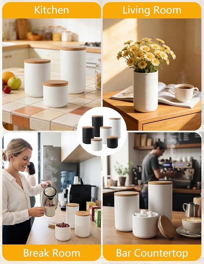 YYW Ceramics Food Storage Jar Canister with Airtight Seal Bamboo Lid, Simple Style Kitchen Canister for Food Storage, Store Coffee, Sugar, Tea, Spices and More (White (33.81oz/1000ml))