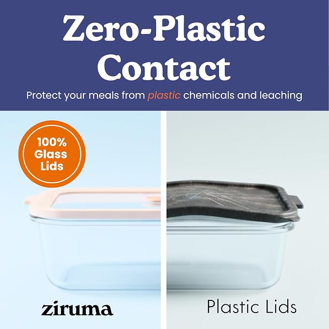 Ziruma Non-Toxic Glass Food Containers with Lids, 4-Pack, Multi-Size, Gray | Plastic & BPA free. Glass body, glass lid & platinum silicone seal. Airtight & leakproof. Freezer & microwave safe.