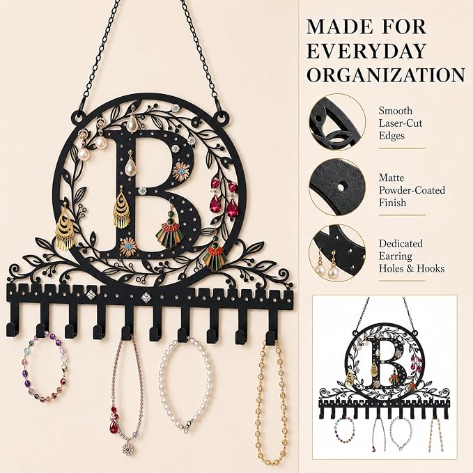 Wall-Mounted Metal Initial Letter B Earring Holder Hanging Jewelry Organizer for Earrings and Necklaces Space-Saving Wall Display with Hooks for Jewelry Storage