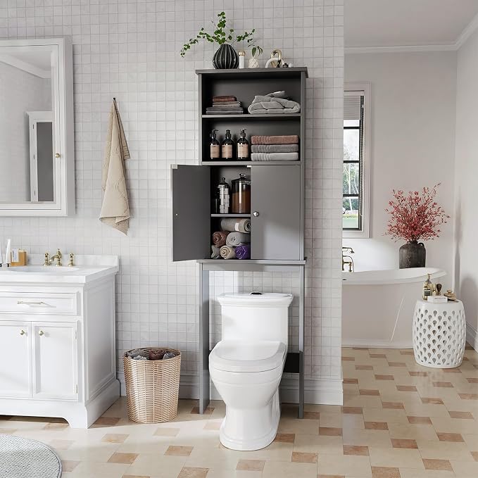 Over the Toilet Storage Cabinet for Bathroom, Storage Cabinets Over Toilet, Bathroom Floor Mounted Cabinet Space Saver with Adjustable Shelf and 2 Open Shelves, 75in, Grey