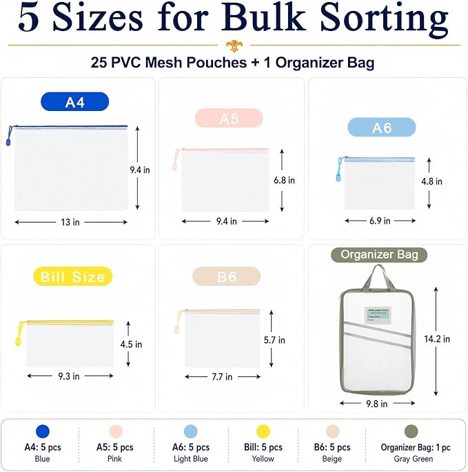 25 Pack PVC Mesh Zipper Pouches with 1 Organizer Bag, 5 Sizes A4 A5 A6 Bill B6, Translucent File Bags for Classroom Puzzle Board Game Craft School Office Storage (26pcs)