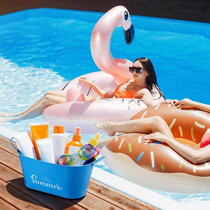 Blulu Summer Storage Bucket Metal Poolside Basket Above Ground Pool Bin Summer Basket Outdoor Storage for Sunscreen Goggles Flip Flop Spf Swimming Camping Beach Accessories Decor(Blue)
