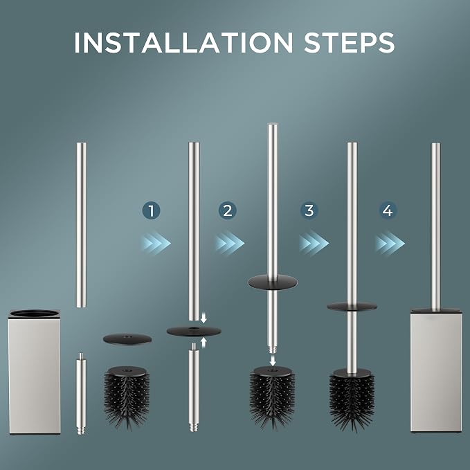 FORIOUS Toilet Brush and Holder Set, SUS304 Stainless Steel Square Base, Extended Long Handle, Drip-Proof & Space Saving, 2 Replaceable Brush Heads, Plastic & Silicone Dual Brush Head, Brushed Nickel