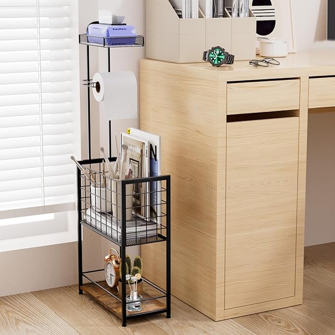SWTYMIKI Freestanding Toilet Paper Holder - 4-Tier Free Standing Toilet Paper Holder Stand with Large Basket, Stand Mega Roll Storage Rack for Extra Rolls, Magazines, Wet Wipes, Black